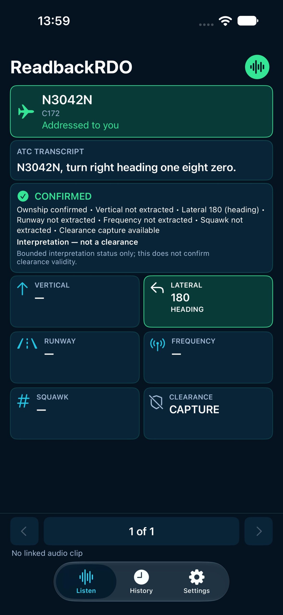 Build 10 simulator frame: ownship N3042N confirmed with heading 180 emphasized; research-only warning remains visible.