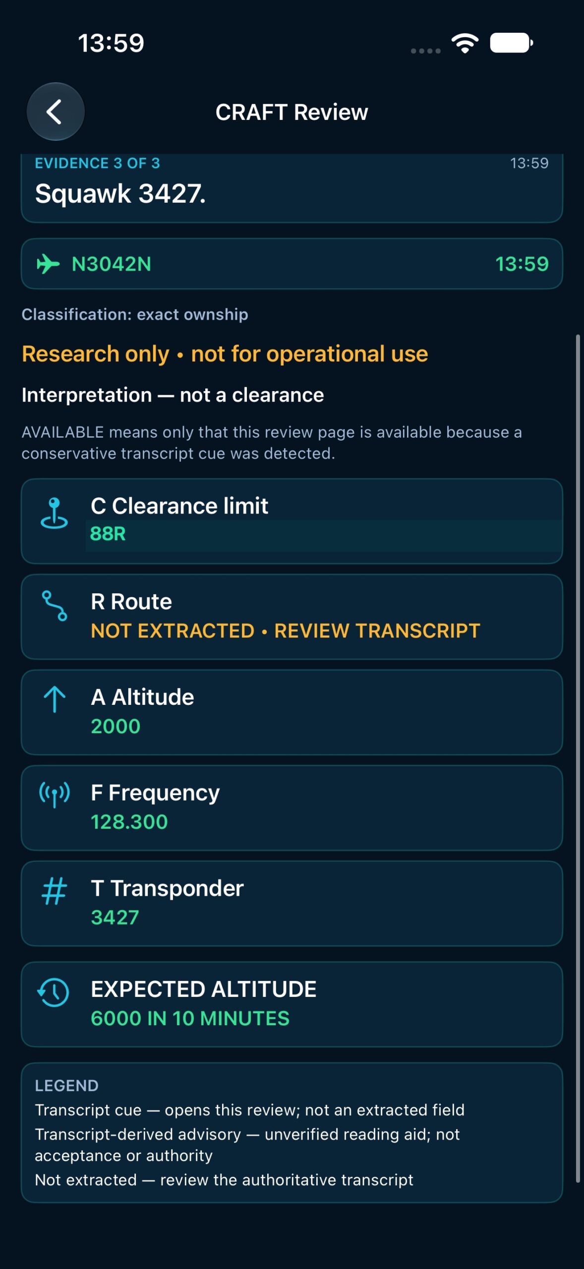Build 10 CRAFT review with parser-test C 88R, route not extracted, altitude 2000, frequency 128.300, transponder 3427, and expected altitude 6000 in 10 minutes.